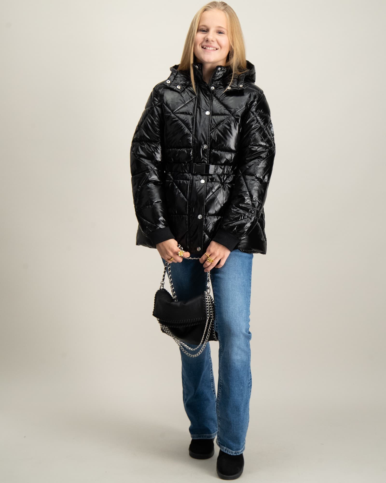 High Shine Belted Mid Length Puffa Coat